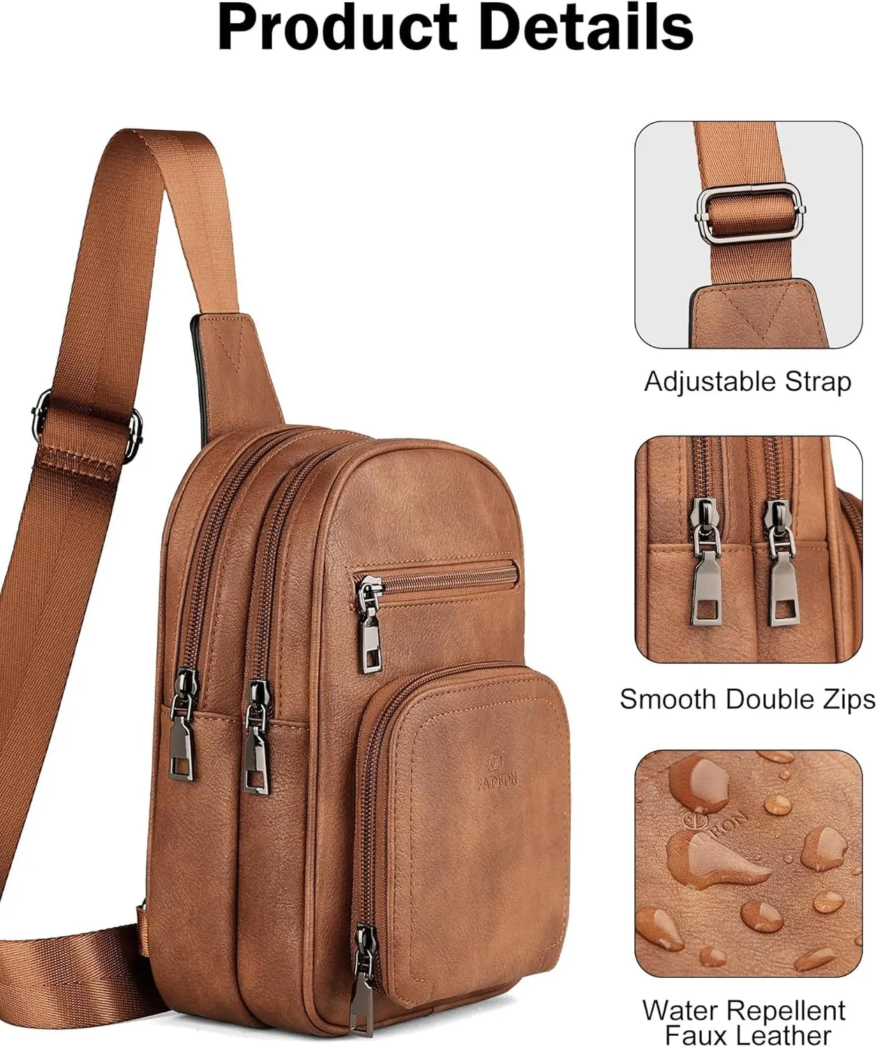 FADEON Sling Bags for Women Crossbody Bags, Designer PU Leather Sling Purse Multi-Pocket Packs with Card Slot Purse Brown