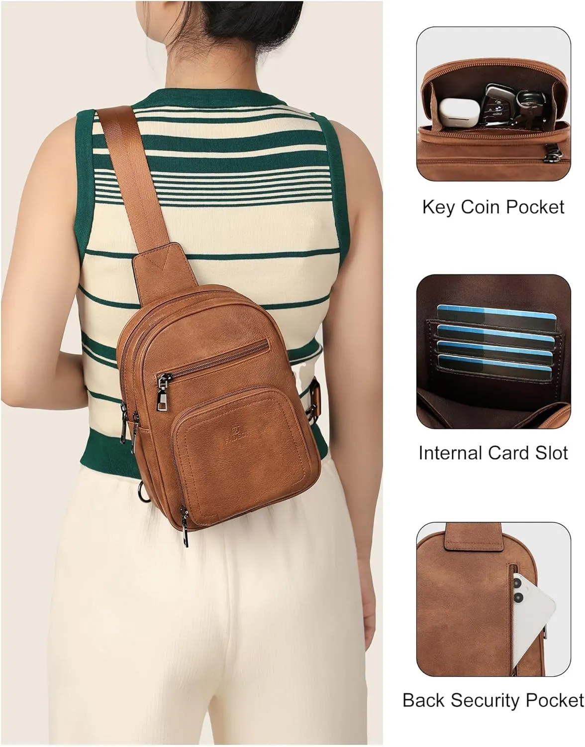 FADEON Sling Bags for Women Crossbody Bags, Designer PU Leather Sling Purse Multi-Pocket Packs with Card Slot Purse Brown