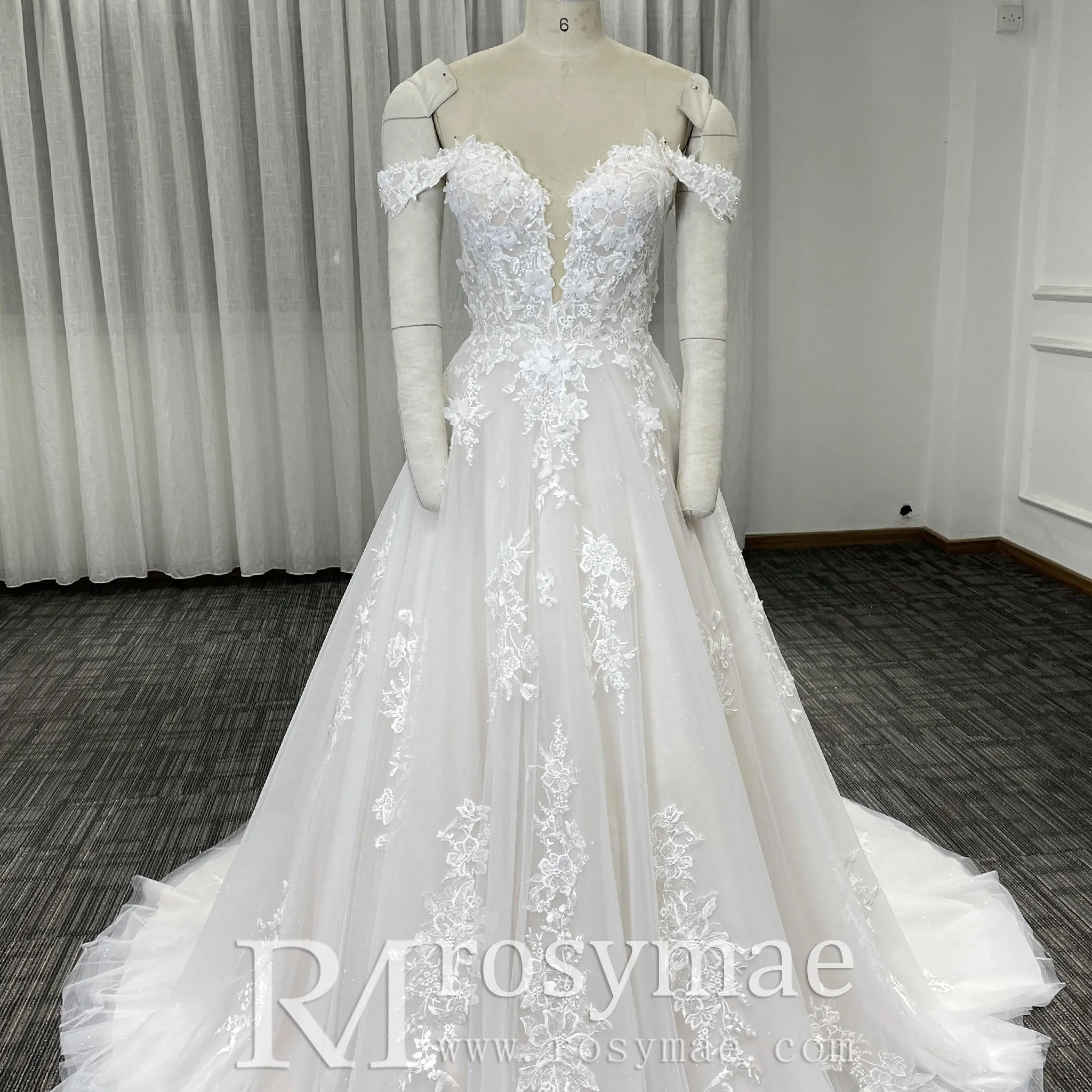 Fairytale Off Shoulder Embellished Tulle Ball Gown Wedding Dress