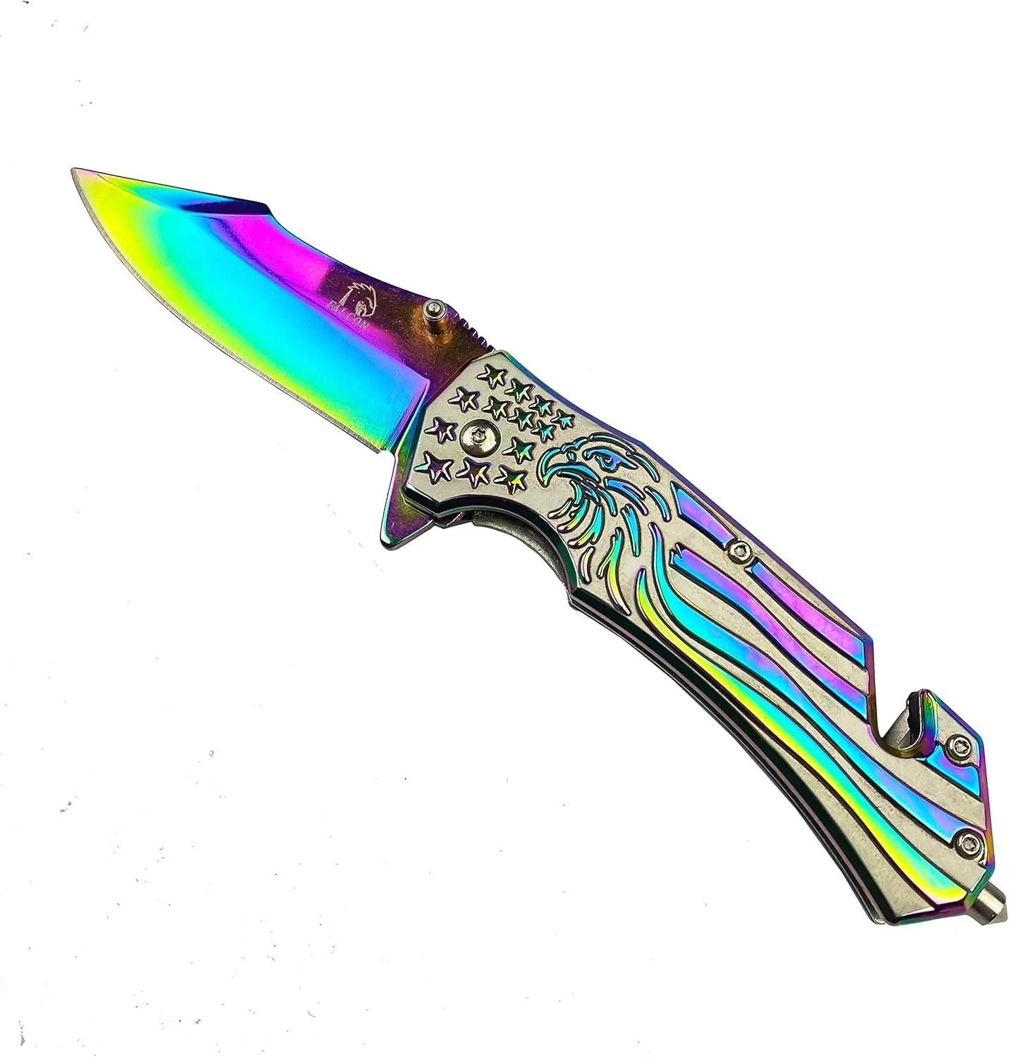 Falcon 8" U.S American Flag Eagle Engraved Assisted Open Tactical Stainless Steel Folding Clip Point Knife with Seatbelt Cutter and Glass Breaker