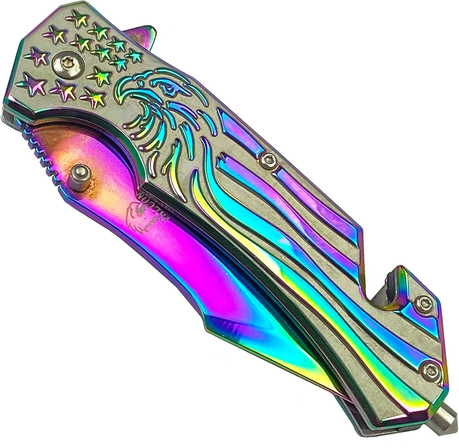 Falcon 8" U.S American Flag Eagle Engraved Assisted Open Tactical Stainless Steel Folding Clip Point Knife with Seatbelt Cutter and Glass Breaker