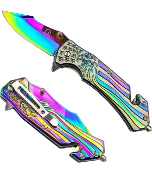 Falcon 8" U.S American Flag Eagle Engraved Assisted Open Tactical Stainless Steel Folding Clip Point Knife with Seatbelt Cutter and Glass Breaker