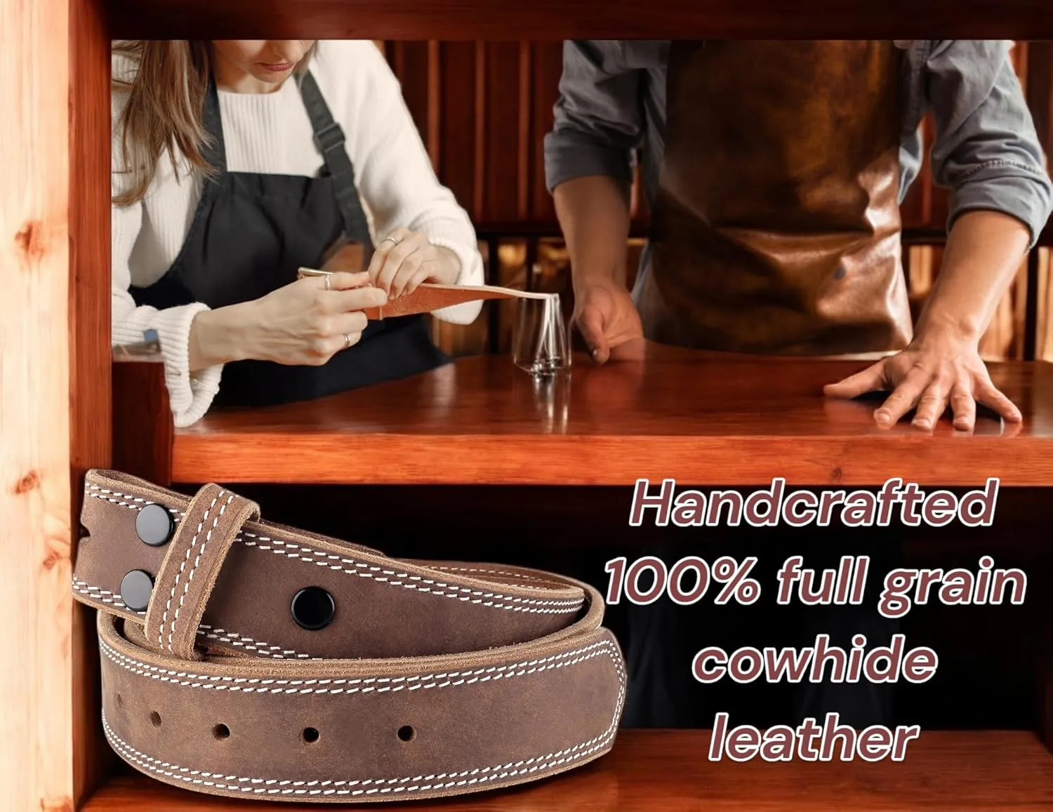 F&L CLASSIC Belt for buckle men Snap on Strap Full Grain One Piece Leather no buckle,1 1/2" Wide, Made in USA
