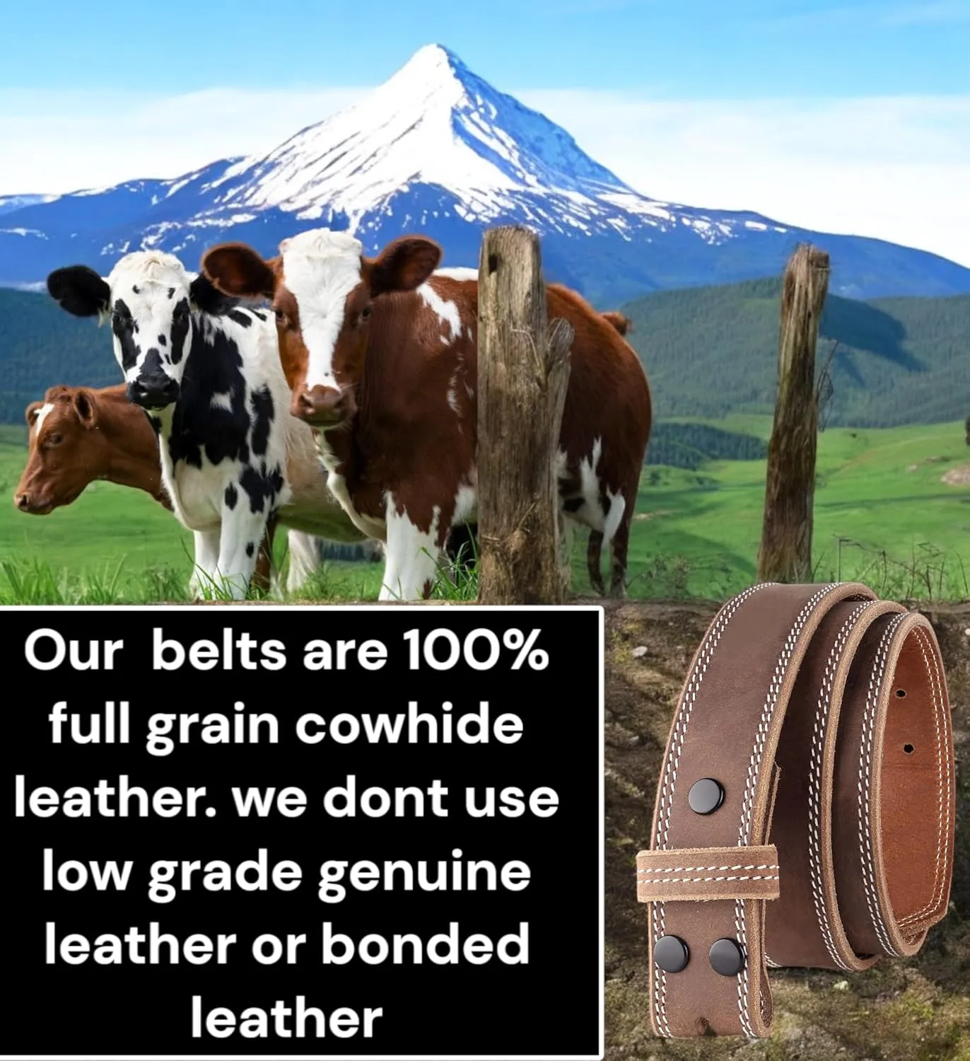 F&L CLASSIC Belt for buckle men Snap on Strap Full Grain One Piece Leather no buckle,1 1/2" Wide, Made in USA