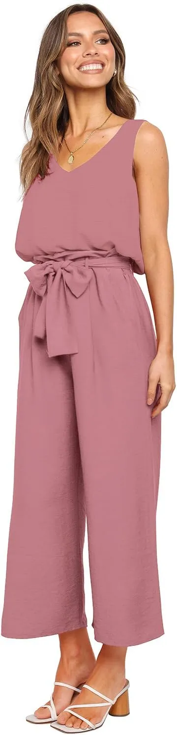 FANCYINN Womens 2 Piece Set V Neck Tank Wide Strap Tops High Waisted Cropped Paper Bag Pants with Belt