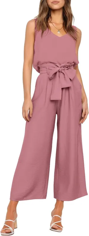 FANCYINN Womens 2 Piece Set V Neck Tank Wide Strap Tops High Waisted Cropped Paper Bag Pants with Belt
