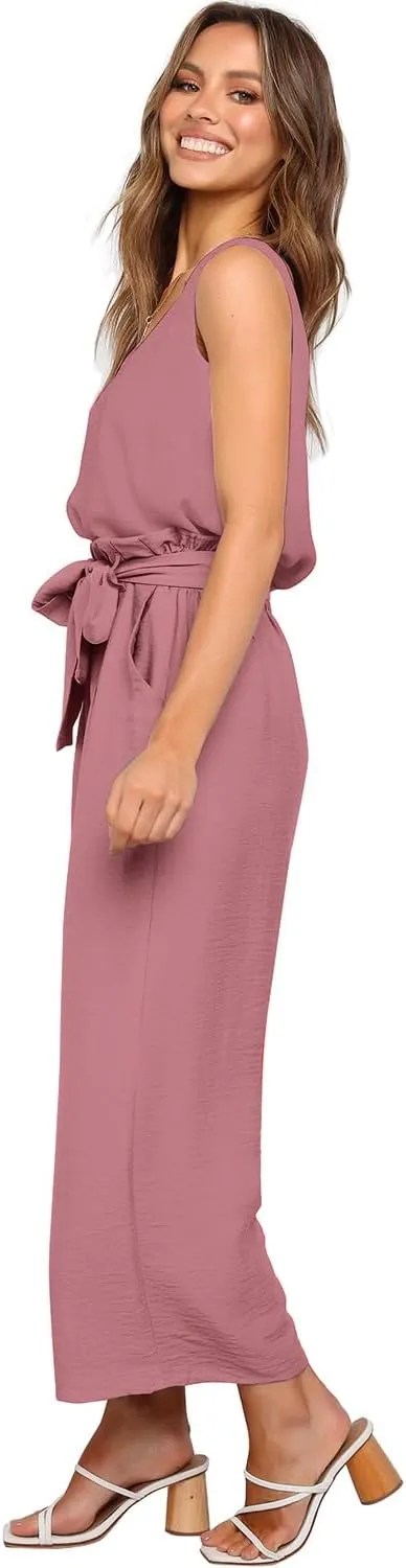 FANCYINN Womens 2 Piece Set V Neck Tank Wide Strap Tops High Waisted Cropped Paper Bag Pants with Belt