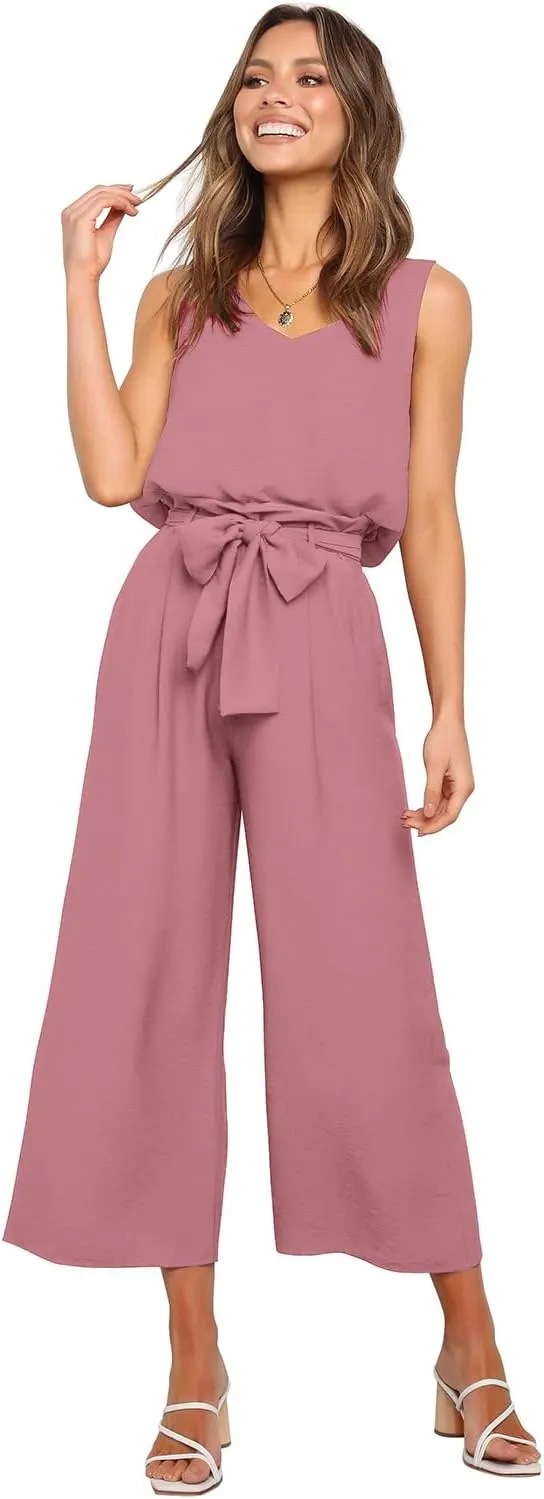 FANCYINN Womens 2 Piece Set V Neck Tank Wide Strap Tops High Waisted Cropped Paper Bag Pants with Belt