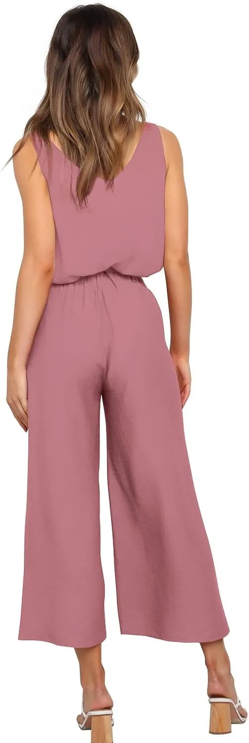 FANCYINN Womens 2 Piece Set V Neck Tank Wide Strap Tops High Waisted Cropped Paper Bag Pants with Belt