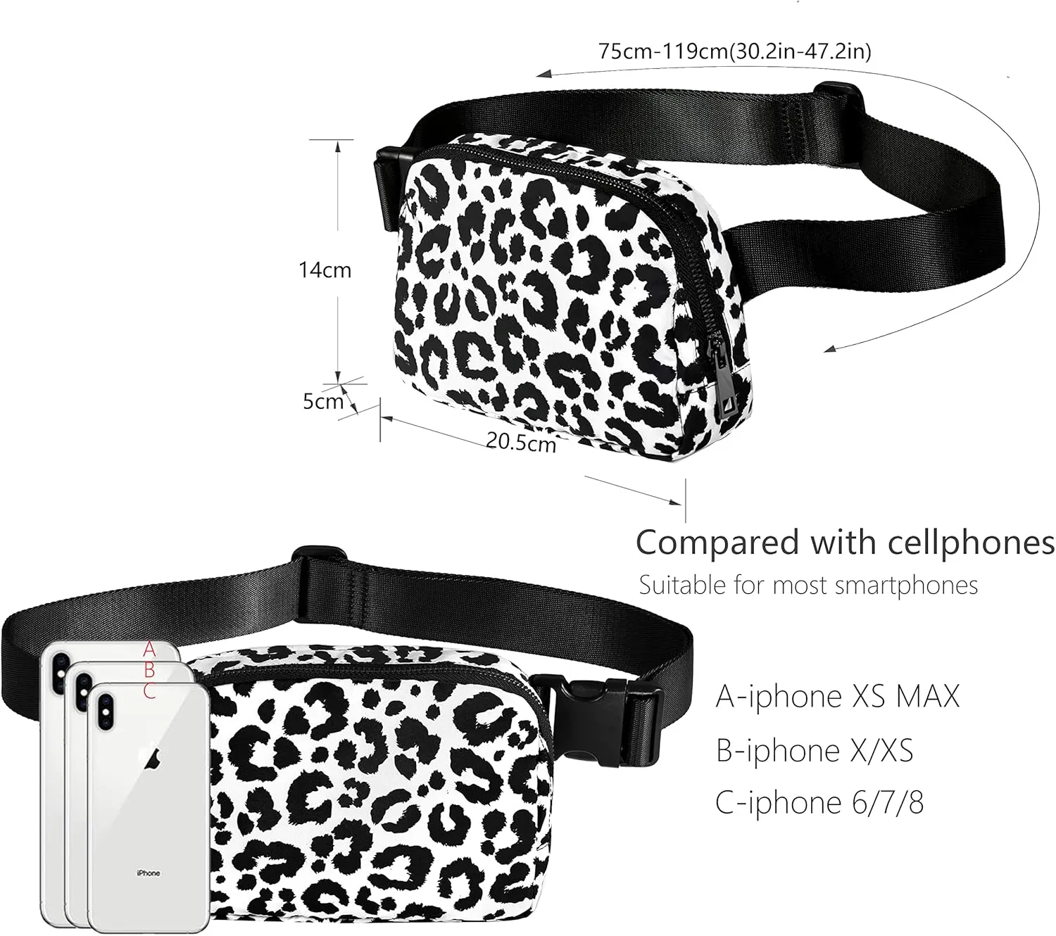 Fanny Belt Bag Waist Pack Crossbody Bags Bum Bag for Running Hiking Travel Workout Adjustable Strap for Women-black white