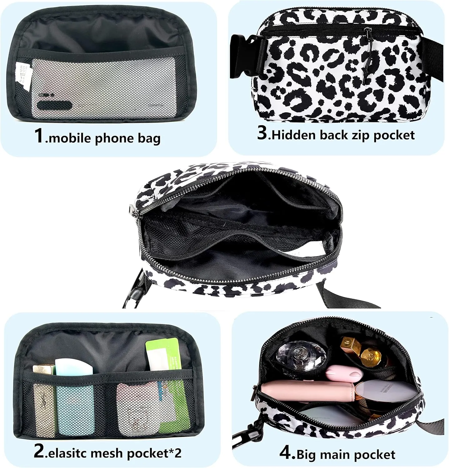 Fanny Belt Bag Waist Pack Crossbody Bags Bum Bag for Running Hiking Travel Workout Adjustable Strap for Women-black white