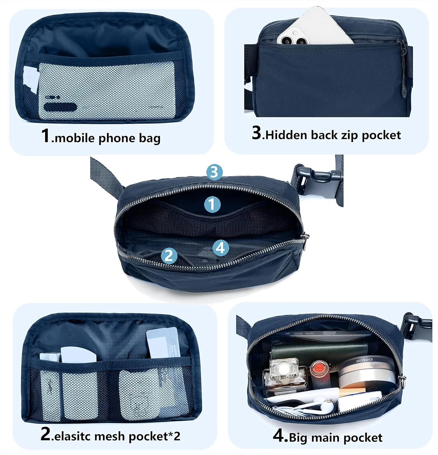 Fanny Belt Bag Waist Pack Crossbody Bags Bum Bag for Running Hiking Travel Workout Adjustable Strap for Women -black