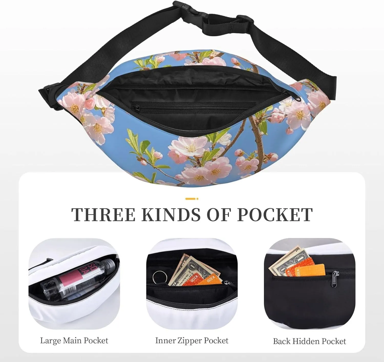 Fanny Pack Belt Bag for Women Men Waterproof Waist Pack Merry Christmas Snowman Waist Bag with Adjustable Strap, Japanese Floral Cherry Blossom, One Size