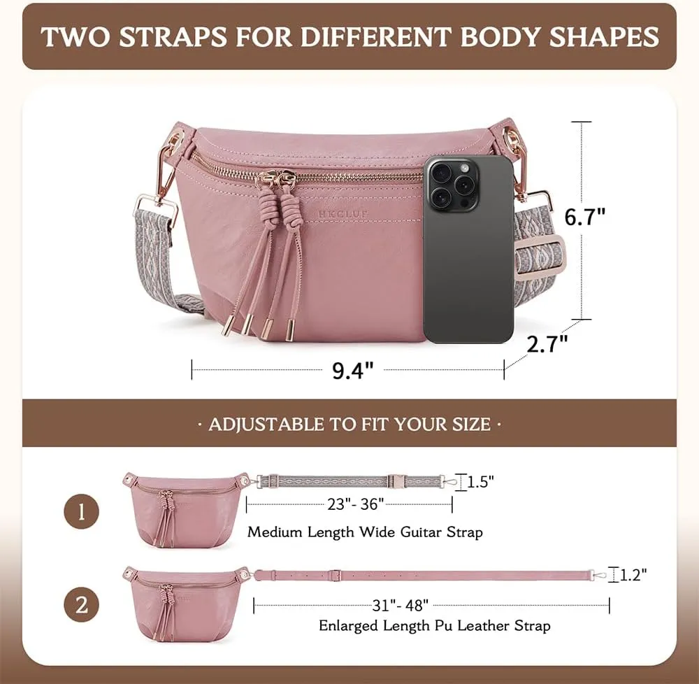 Fanny Pack Crossbody Bags for Women Vegan Leather Belt Bag Waist Pack Causal Chest Bum Bag With 2 Straps Nude Pink