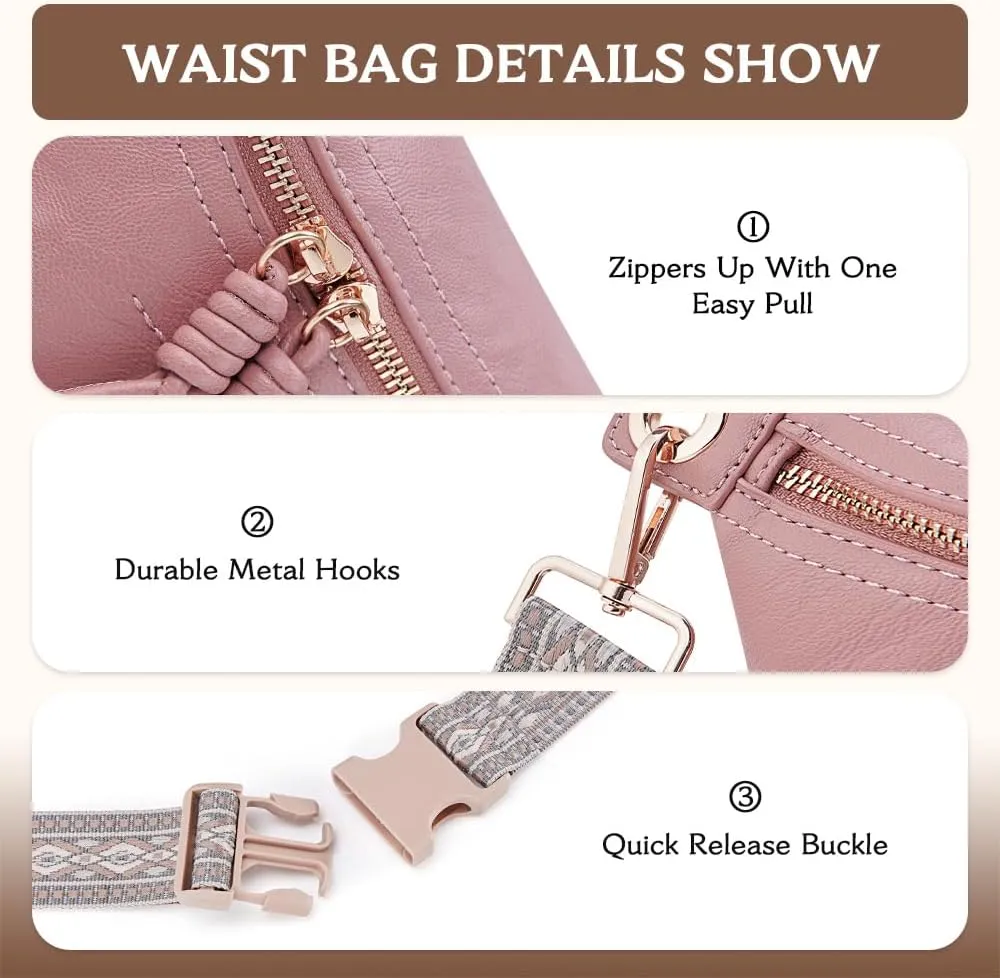 Fanny Pack Crossbody Bags for Women Vegan Leather Belt Bag Waist Pack Causal Chest Bum Bag With 2 Straps Nude Pink