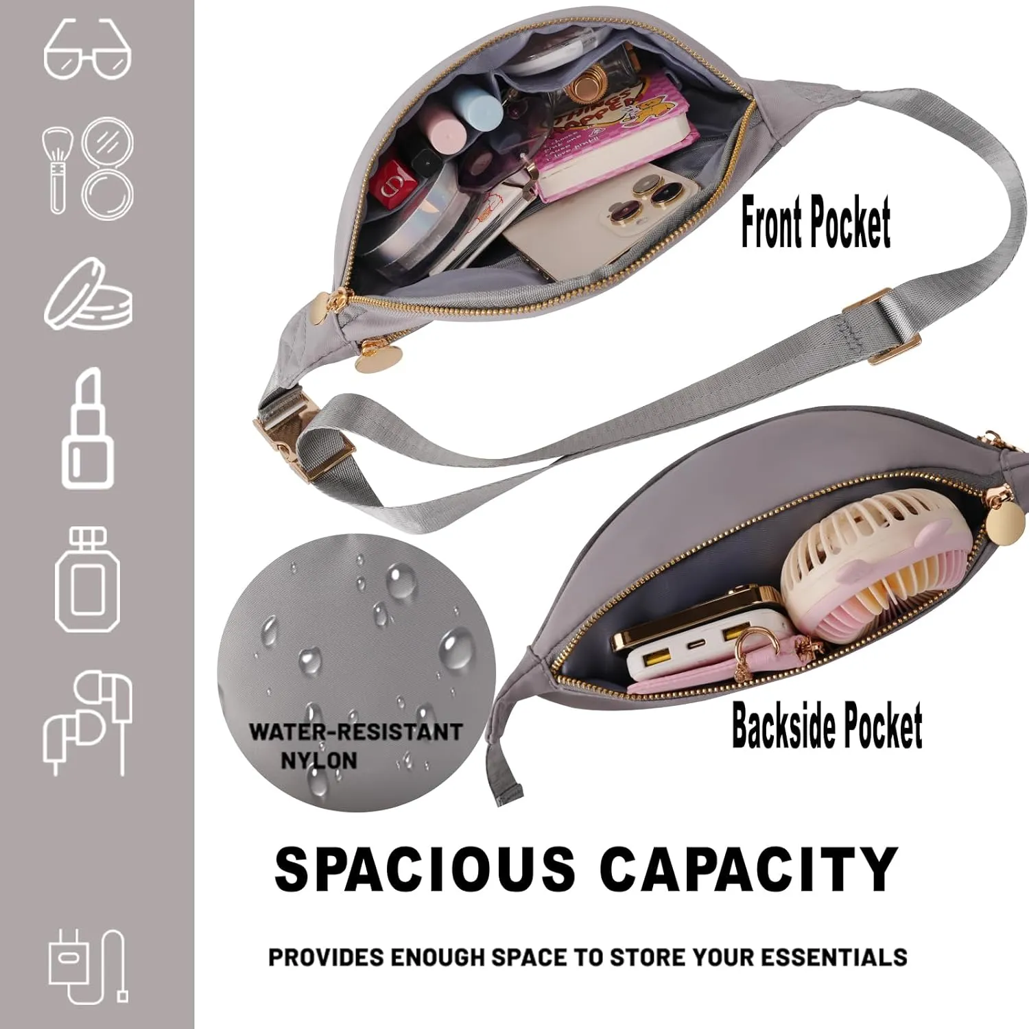 Fanny Pack Crossbody Stadium Approved Women Waist Pack Bag for Men Nylon Everywhere Belt Bag (Gray)