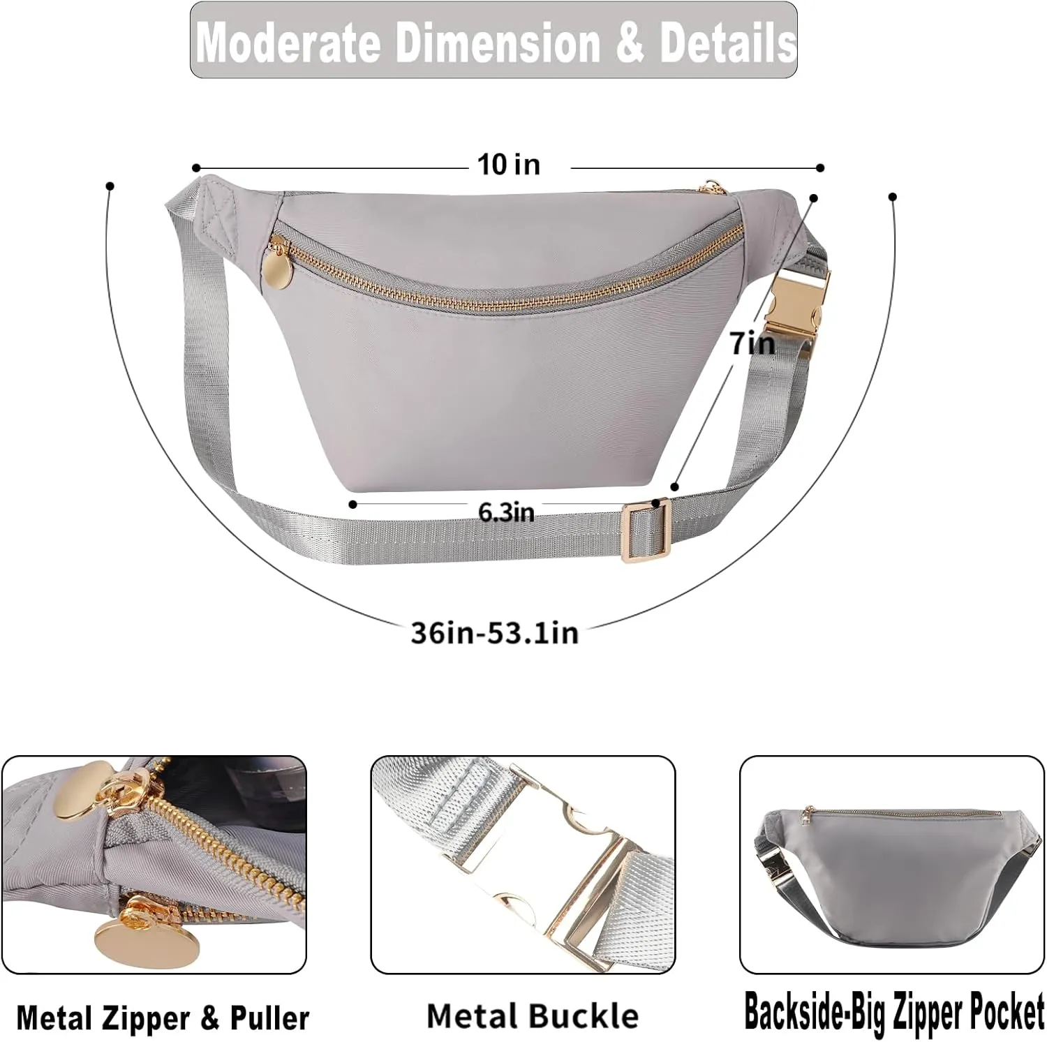 Fanny Pack Crossbody Stadium Approved Women Waist Pack Bag for Men Nylon Everywhere Belt Bag (Gray)
