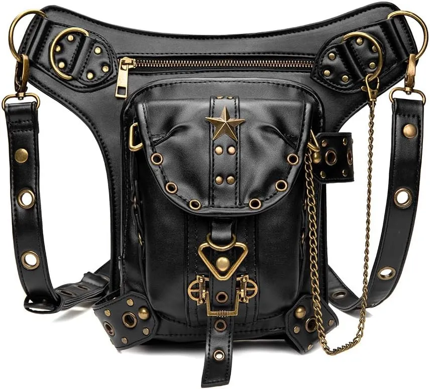 Fanny Pack Fashion Gothic Leather Steampunk Waist Bag Leather Motorcycle Waist Pack Leg Bag Women Vintage Gothic