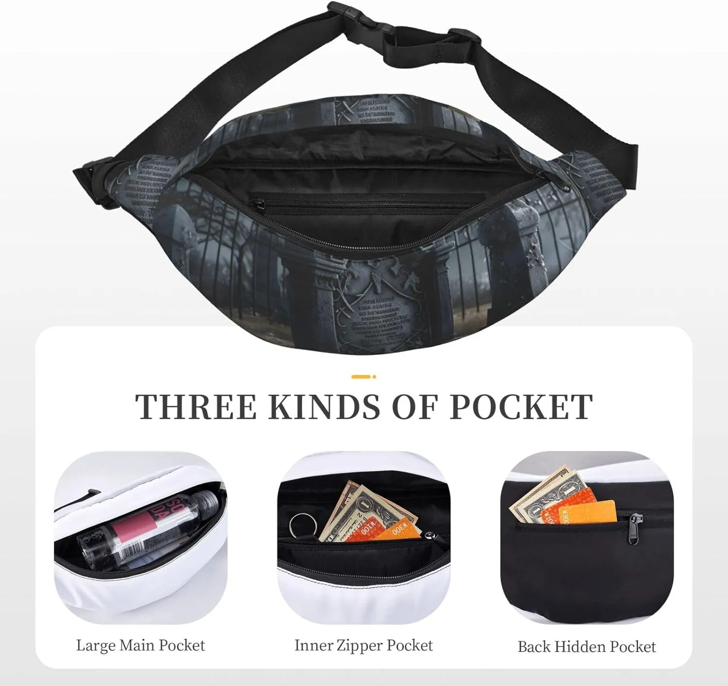 Fanny Pack for Men Women Waist Bag Adjustable Waist Pack Crossbody Belt Bag Graveyard Tombstone Bum Bag