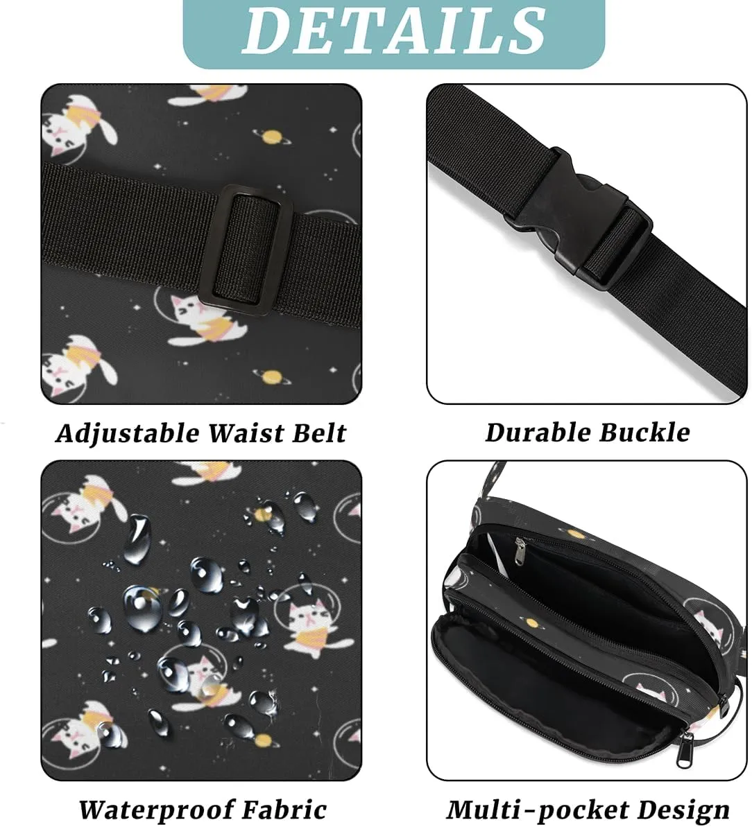 Fanny Pack for Women Men Animal Cats Pattern Crossbody Belt Bag with 3 Zipper Pockets Fashion Waterproof Waist Pack with Adjustable Strap for Travel Running Hiking Cycling