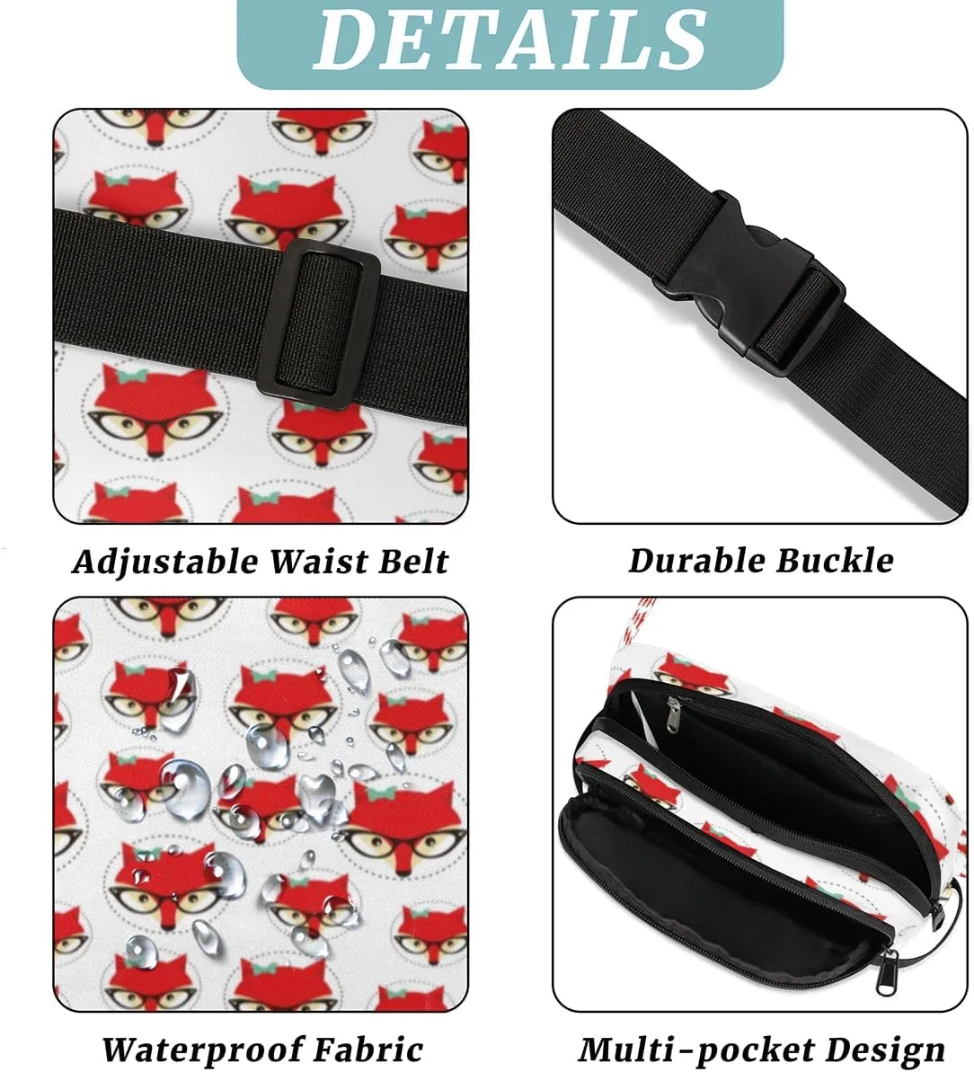 Fanny Pack for Women Men Animal Foxes Pattern Crossbody Belt Bag with 3 Zipper Pockets Fashion Waterproof Waist Pack with Adjustable Strap for Travel Running Hiking Cycling