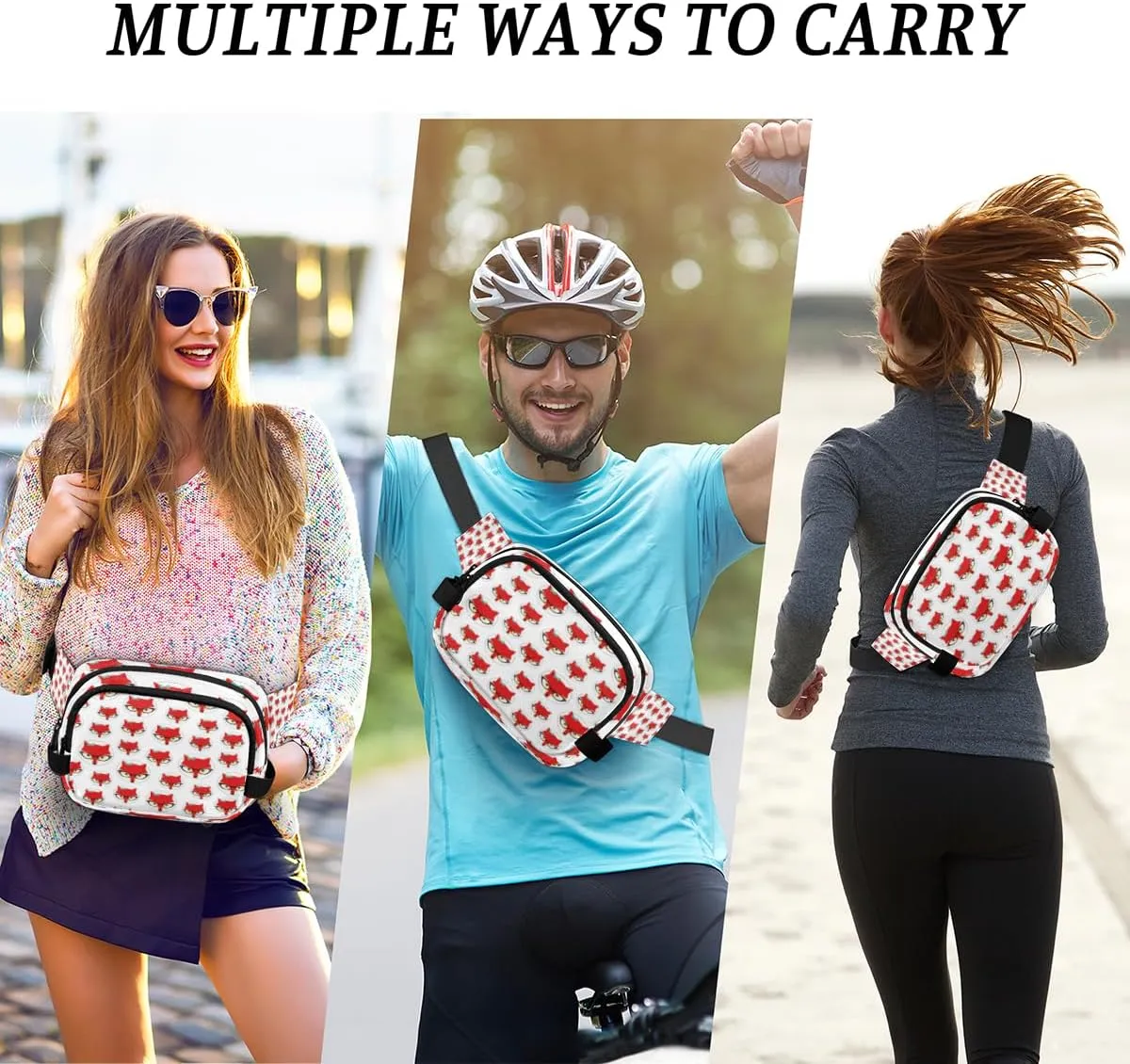 Fanny Pack for Women Men Animal Foxes Pattern Crossbody Belt Bag with 3 Zipper Pockets Fashion Waterproof Waist Pack with Adjustable Strap for Travel Running Hiking Cycling