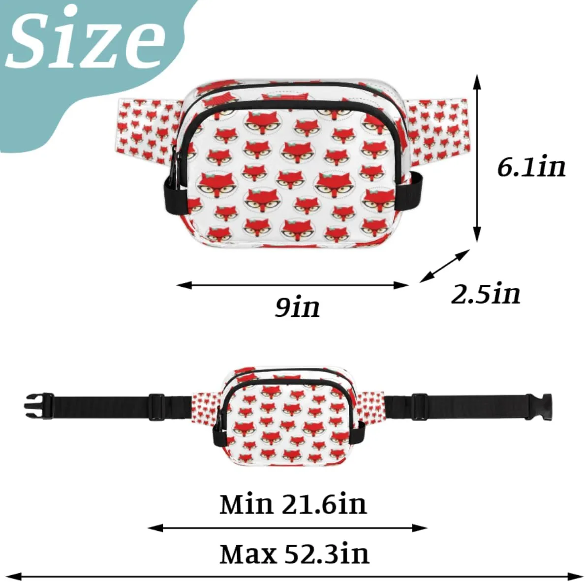 Fanny Pack for Women Men Animal Foxes Pattern Crossbody Belt Bag with 3 Zipper Pockets Fashion Waterproof Waist Pack with Adjustable Strap for Travel Running Hiking Cycling