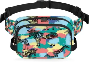 Fanny Pack for Women Men Animal Zebra Giraffe Crossbody Belt Bag with 3 Zipper Pockets Fashion Waterproof Waist Pack with Adjustable Strap for Travel Running Hiking Cycling