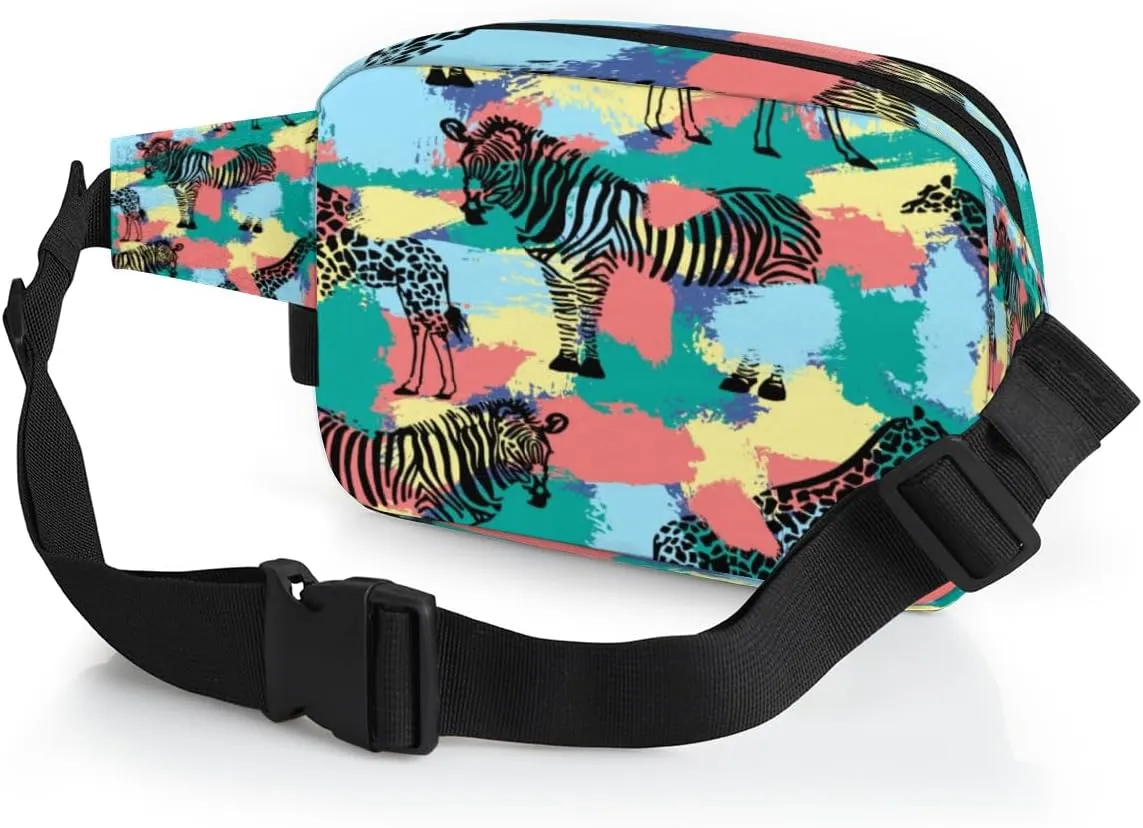 Fanny Pack for Women Men Animal Zebra Giraffe Crossbody Belt Bag with 3 Zipper Pockets Fashion Waterproof Waist Pack with Adjustable Strap for Travel Running Hiking Cycling