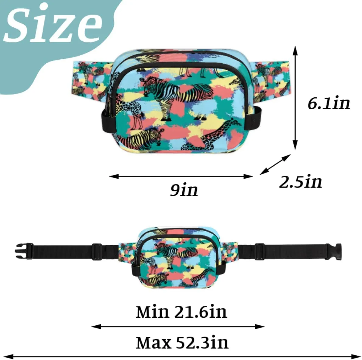 Fanny Pack for Women Men Animal Zebra Giraffe Crossbody Belt Bag with 3 Zipper Pockets Fashion Waterproof Waist Pack with Adjustable Strap for Travel Running Hiking Cycling