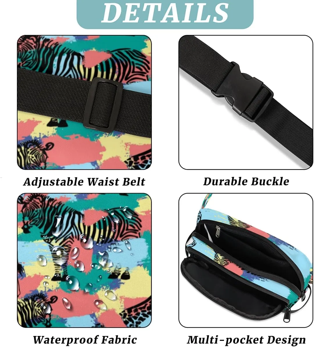 Fanny Pack for Women Men Animal Zebra Giraffe Crossbody Belt Bag with 3 Zipper Pockets Fashion Waterproof Waist Pack with Adjustable Strap for Travel Running Hiking Cycling
