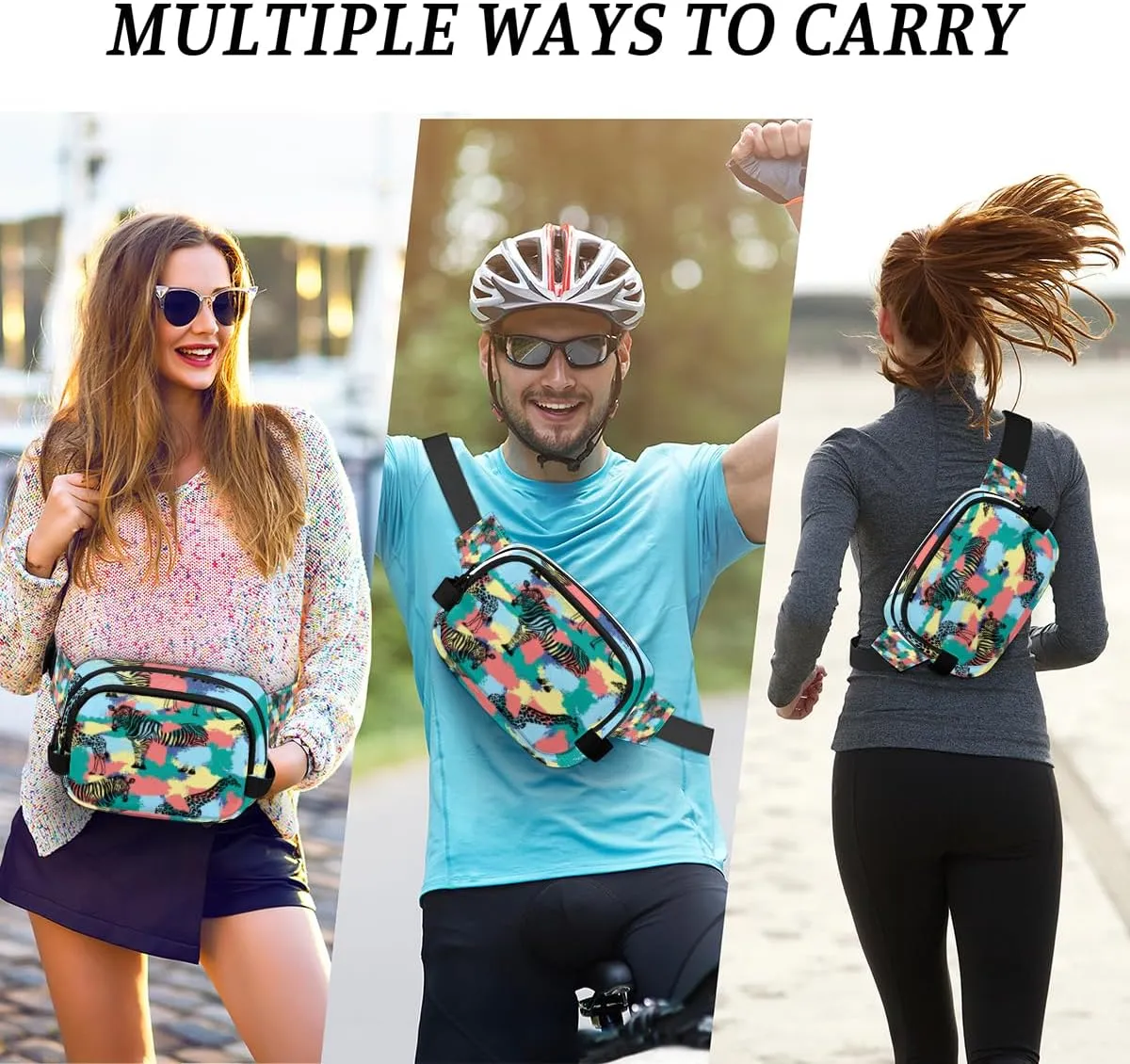 Fanny Pack for Women Men Animal Zebra Giraffe Crossbody Belt Bag with 3 Zipper Pockets Fashion Waterproof Waist Pack with Adjustable Strap for Travel Running Hiking Cycling