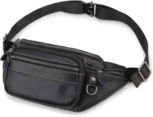 Fanny Pack Genuine Leather Waist Bag for Men Women Loyofun Vintage Hip Bum Bag with 6 Zippered Pockets for Outdoor Traveling Hiking Running (Black)
