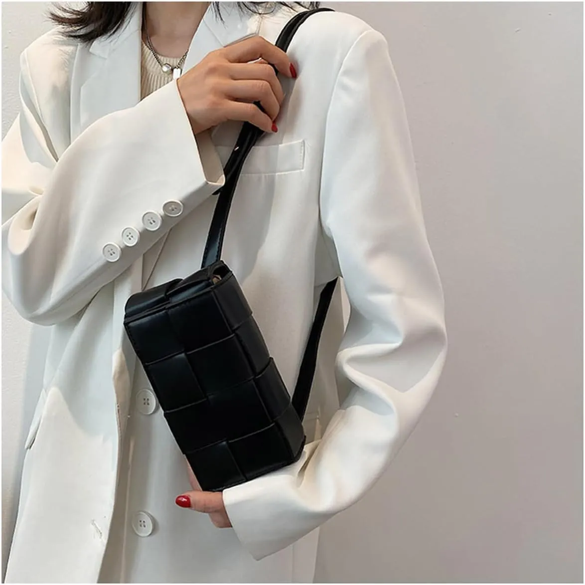Fanny Pack with Convertible Crossbody Shoulder Bag for Women, Woven Cassette-Style Handbag Purse with Adjustable Belt (Black)