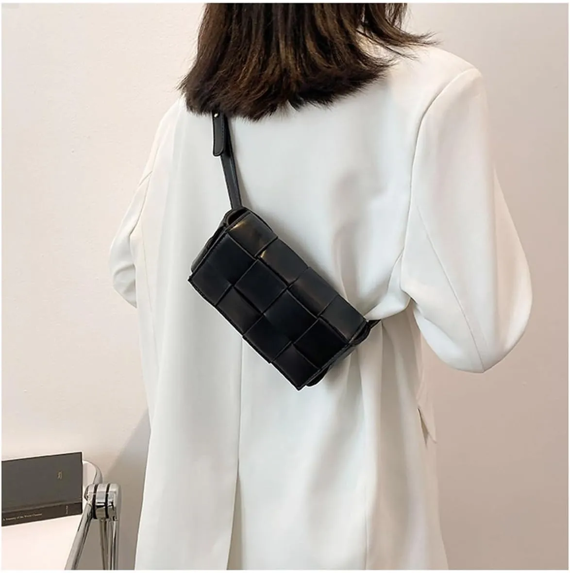 Fanny Pack with Convertible Crossbody Shoulder Bag for Women, Woven Cassette-Style Handbag Purse with Adjustable Belt (Black)