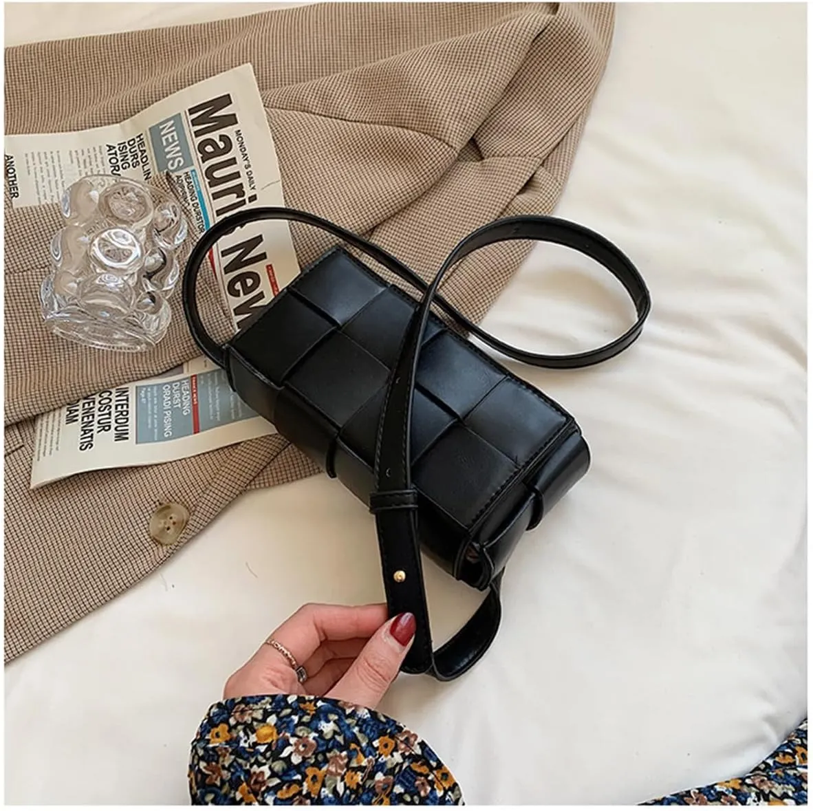 Fanny Pack with Convertible Crossbody Shoulder Bag for Women, Woven Cassette-Style Handbag Purse with Adjustable Belt (Black)