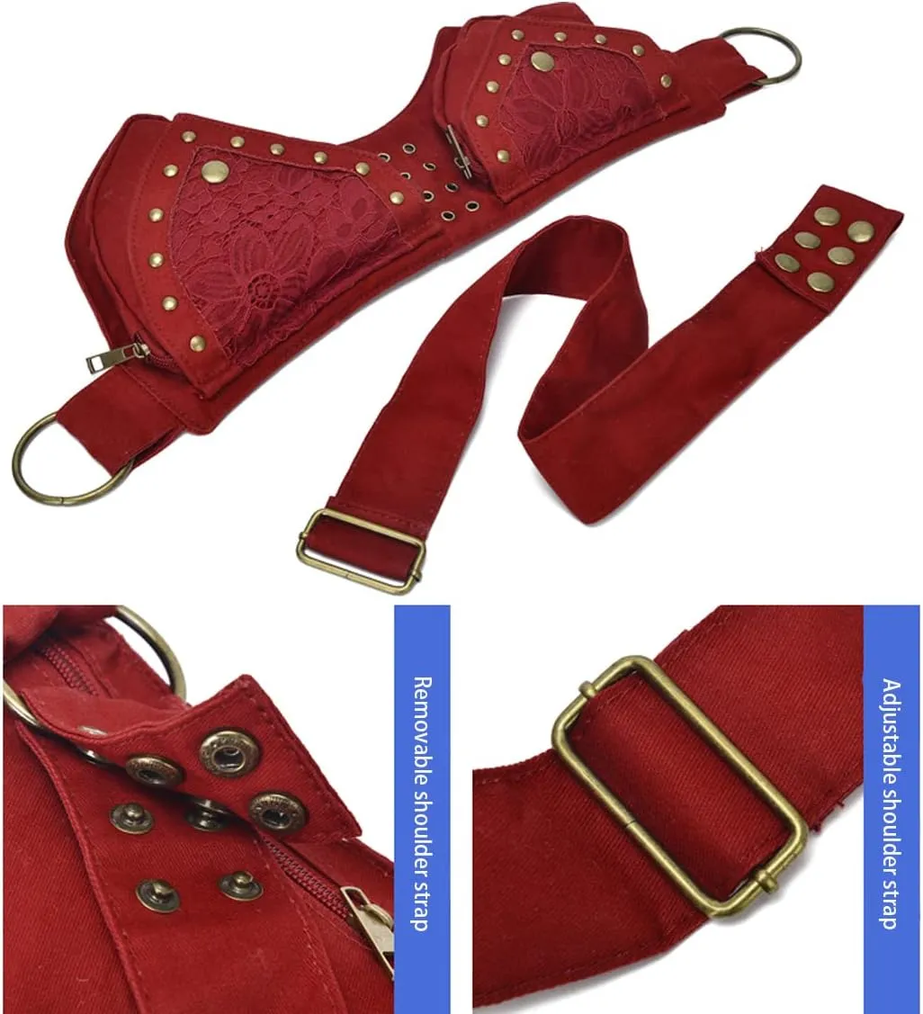 Fanny Packs for women fashionable,Fanny Pack Lace Waist Bag Pouch Utility Belt Fanny bag Waist Pack for Sports Hiking Travel Renaissance Faire Festival Fanny Pack 11/Red wine