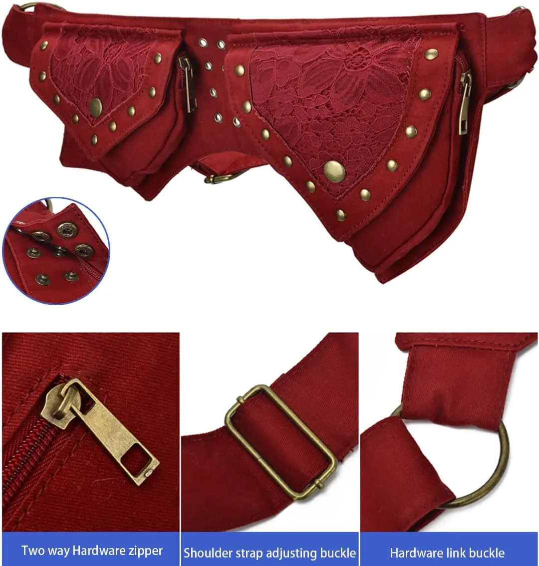 Fanny Packs for women fashionable,Fanny Pack Lace Waist Bag Pouch Utility Belt Fanny bag Waist Pack for Sports Hiking Travel Renaissance Faire Festival Fanny Pack 11/Red wine