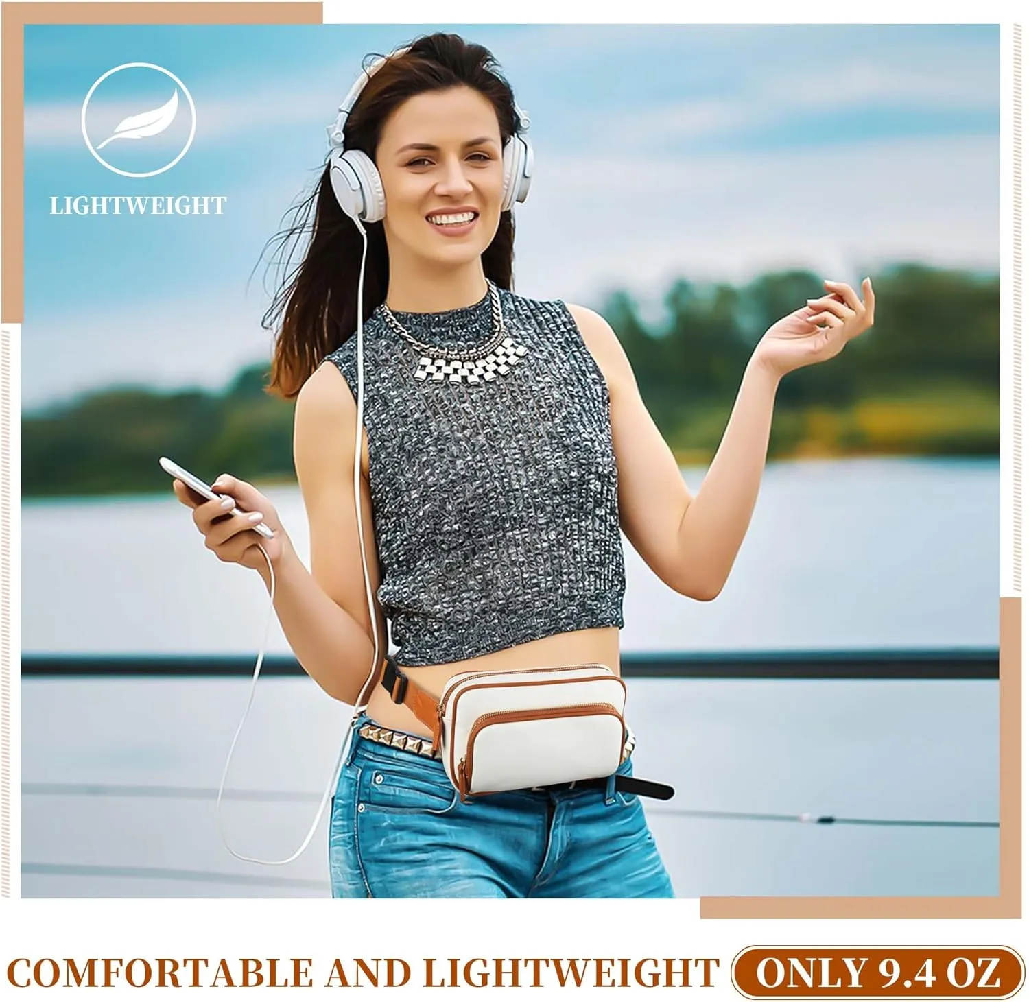 Fanny Packs for Women, Leather Fanny Pack Belt Bag for Women Men with 5 Zipper Pockets Adjustable Belts 4 Card Slots, White Fanny Pack Crossbody Fashion Waist Packs for Running Disney Hiking