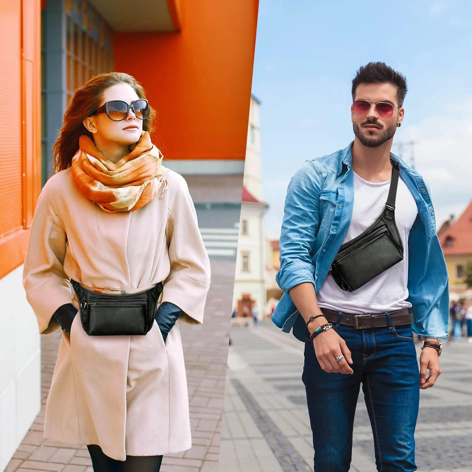 Fanny Packs for Women Leather Fashionable Black Fanny Pack for Men Girls Boys, Cute Waist Pack Belt Bag with Adjustable Strap, Casual Bum Hip Bags for Travel Running Disney Hiking Cycling Brown Pink