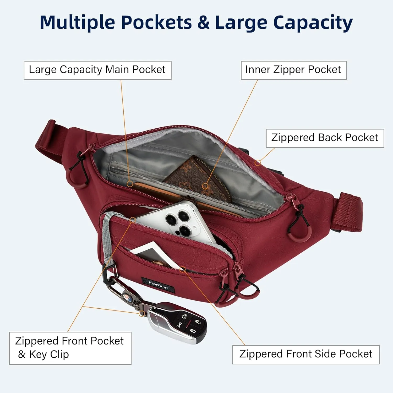 Fanny Packs for Women Men, Small Travel Fanny Pack Lightweight Crossbody Waist Bag Large Capacity, Water Resistant Belt Bags with Adjustable Strap for Hiking, Cycling (Burgundy)