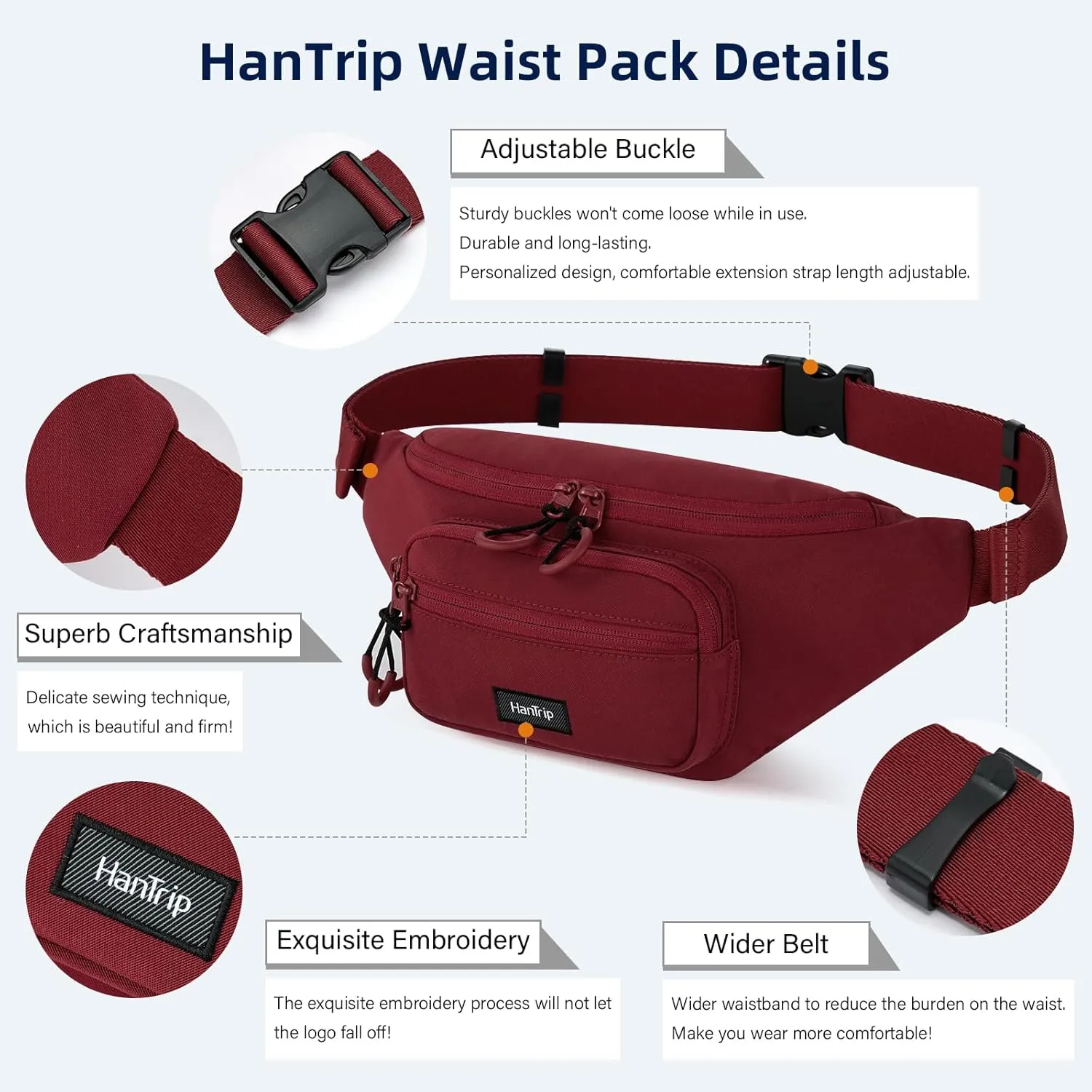 Fanny Packs for Women Men, Small Travel Fanny Pack Lightweight Crossbody Waist Bag Large Capacity, Water Resistant Belt Bags with Adjustable Strap for Hiking, Cycling (Burgundy)