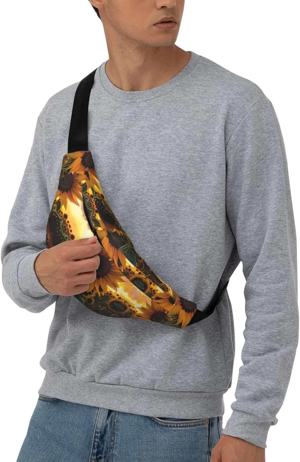 Farm Sunflower Print Large Crossbody Fanny Pack, Cute Waterproof Waist Pack Belt Bag For Men, Women, Stylish Running Accessory