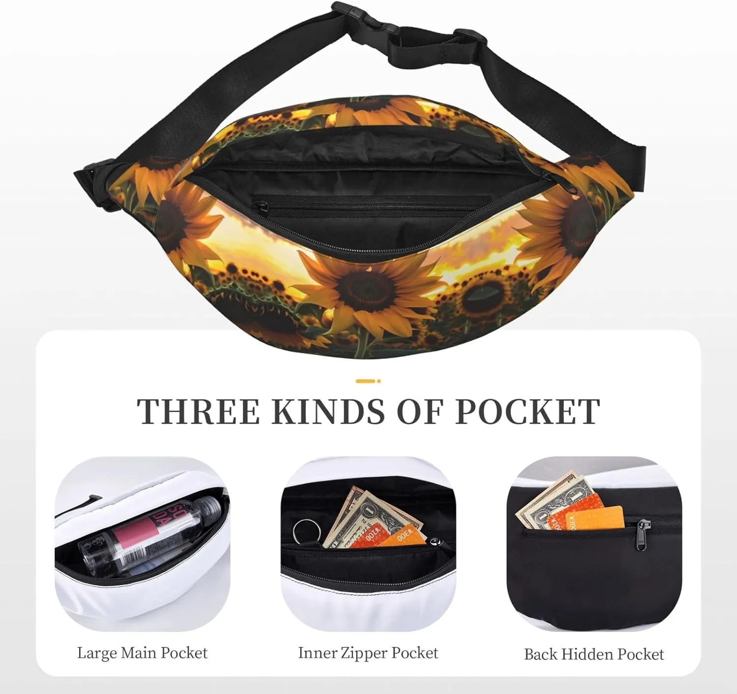 Farm Sunflower Print Large Crossbody Fanny Pack, Cute Waterproof Waist Pack Belt Bag For Men, Women, Stylish Running Accessory