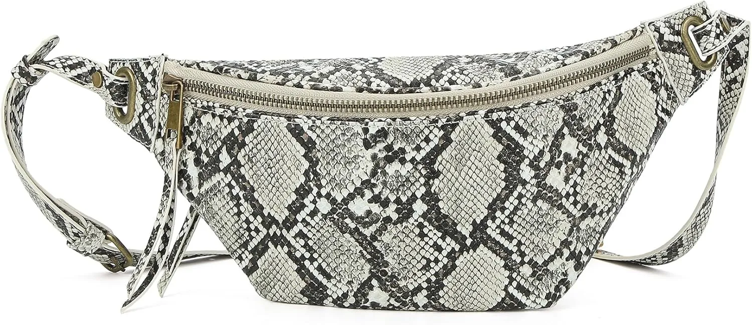 Fashion Waist Pack for Women Men Embossed Snakeskin Leather Fanny Pack Crossbody Bags Waist Belt Bag for Travel Hiking Cycling Beg Beige