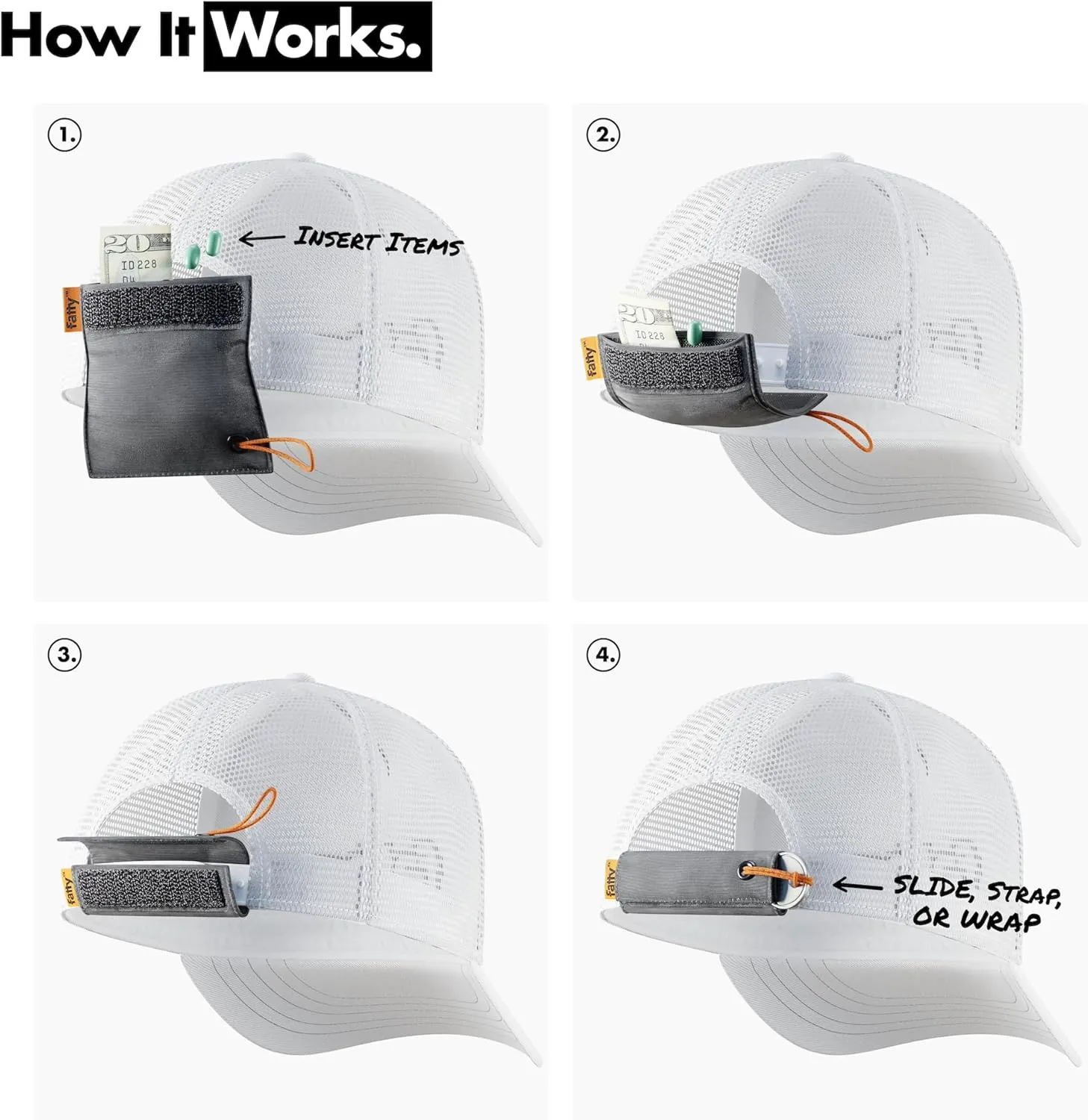 FATTYPACK - Attachable Storage Pocket For Hats - Store Cash, Medicine, Gum, Keys, Pencils, Pens, Golf Tees, etc.
