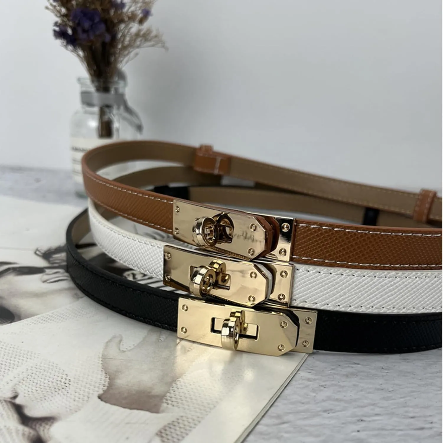 FENLDY Adjustable Thin Belts For Womens Skinny Belts For Dresses Womens Solid Color Alloy Turn Lock Belts For Jeans