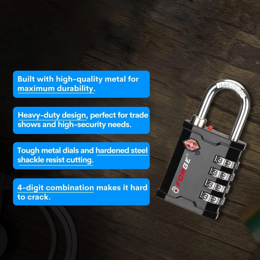 FFORGE 4-Digit TSA Approved Travel Locks – TSA008 Key System, Key Duplication Impossible, Heavy-Duty Combination Padlock for Travel, Gym, Pelican Case. Black 1 Lock.