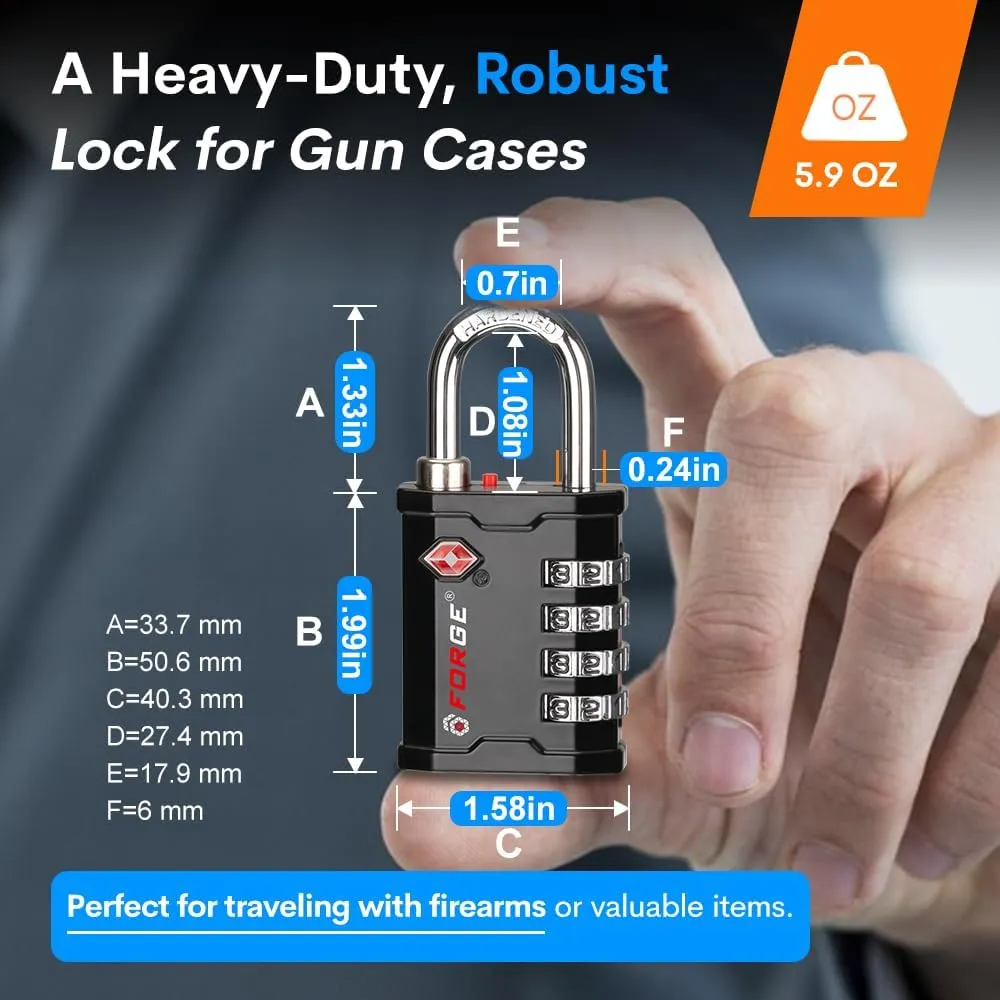 FFORGE 4-Digit TSA Approved Travel Locks – TSA008 Key System, Key Duplication Impossible, Heavy-Duty Combination Padlock for Travel, Gym, Pelican Case. Black 1 Lock.