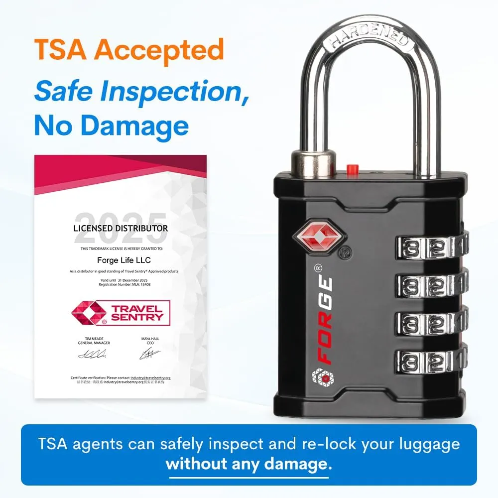 FFORGE 4-Digit TSA Approved Travel Locks – TSA008 Key System, Key Duplication Impossible, Heavy-Duty Combination Padlock for Travel, Gym, Pelican Case. Black 1 Lock.